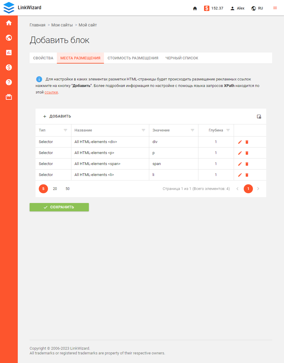 Список места размещения рекламных сыслок в LinkWizard Список места размещения рекламных сыслок в LinkWizard